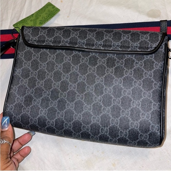 Monogram  Canvas NON DESIGNER Black Messenger Bag with Red and Blue Strap - Picture 4 of 8